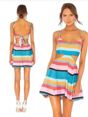 Lovers + Friends Alexandra Striped Tie Back Cutout Mini Dress Sz L NWT